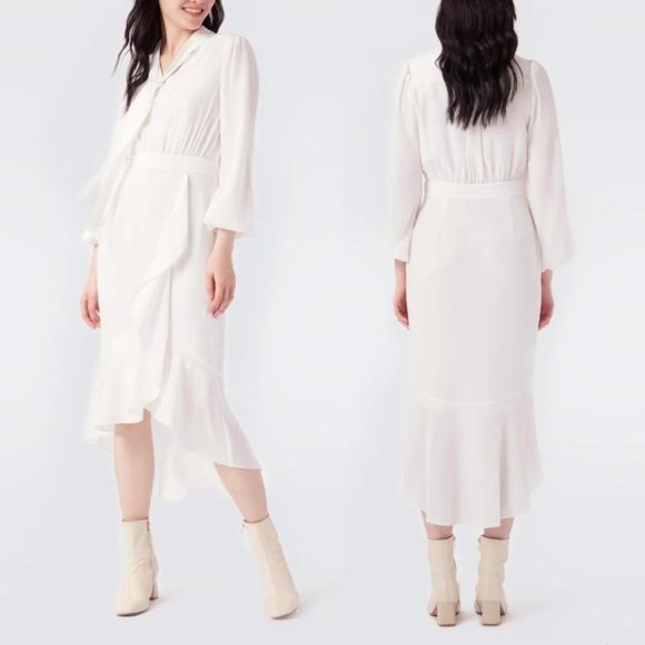 NWT Diane Von Furstenberg Agna Tie Neck Long Sleeve Midi Dress in Ivory - Picture 1 of 8